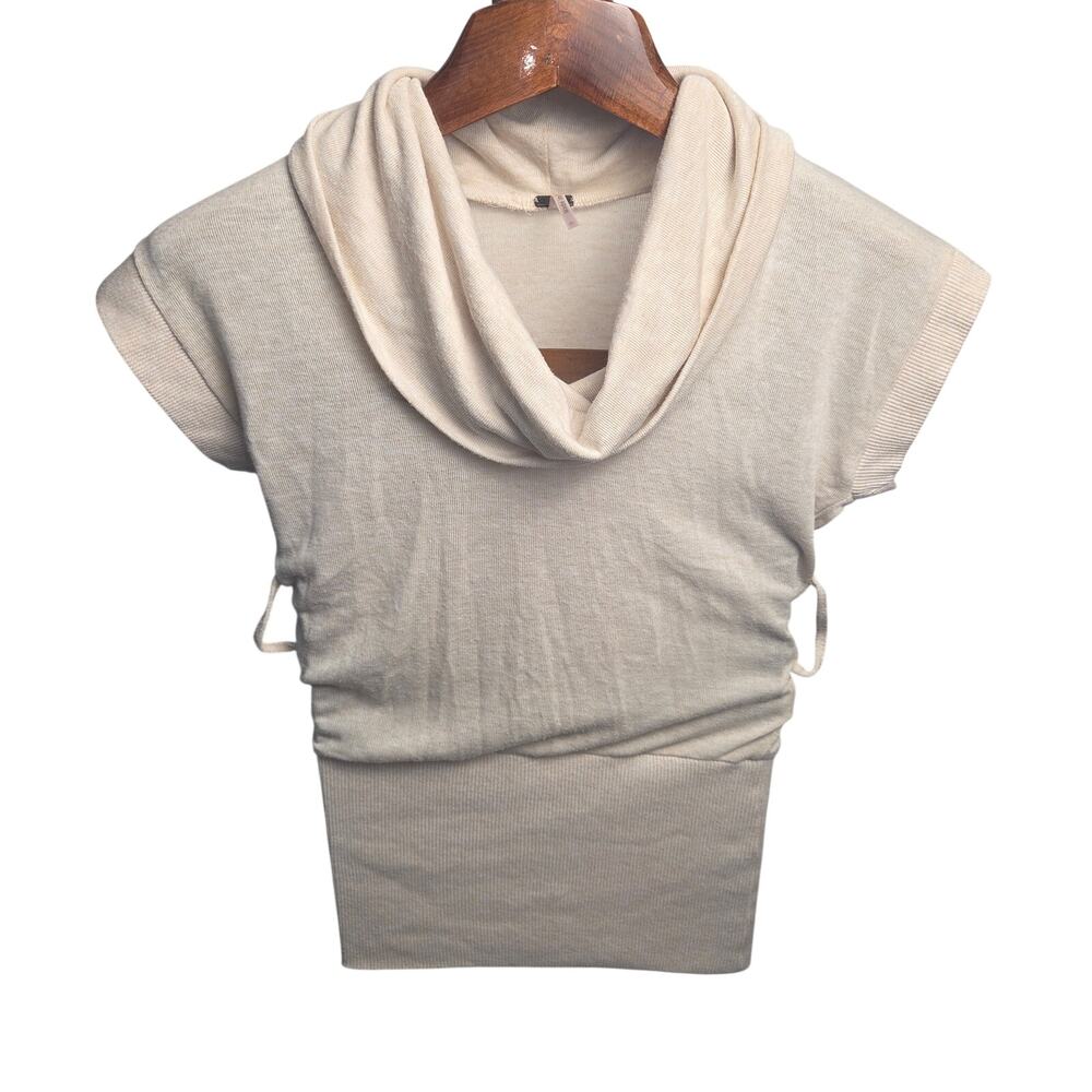 Poof Cream Off White Knit Cowl Neck Cap Sleeve Side Ruched Sweater Size M
